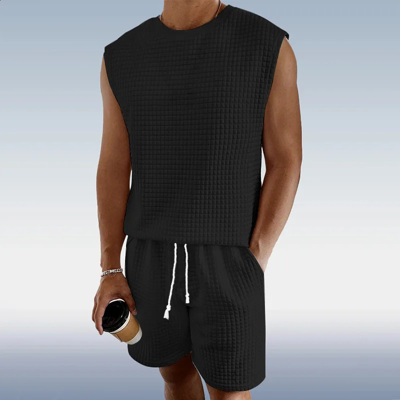 2025 Summer Sleeveless Tank Top Sports and Leisure Set for Men Breathable Quick Drying Solid Color Leisure Set 250310
