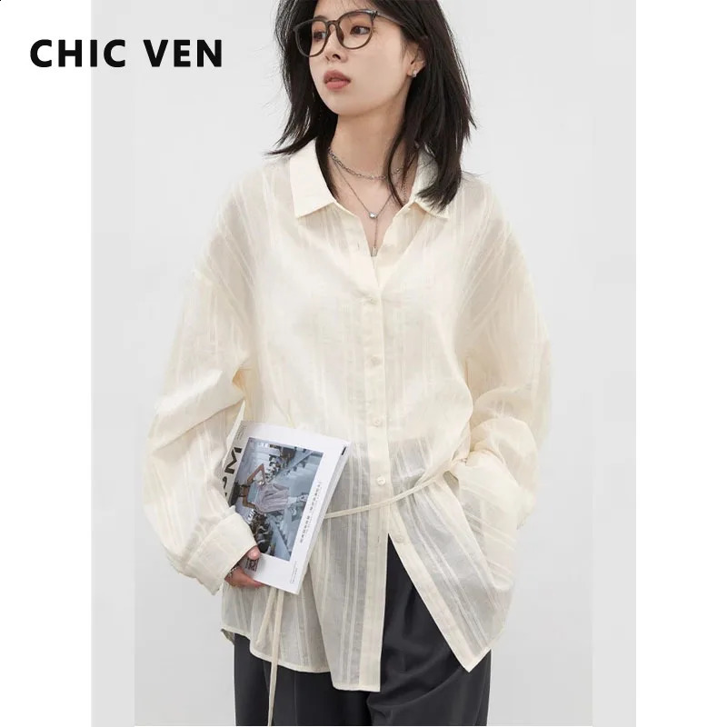 CHIC VEN Women Shirt Textured Cotton Striped Waist Shirt Long Sleeves Female Sun Protection Blouses Spring Summer 2025 250310