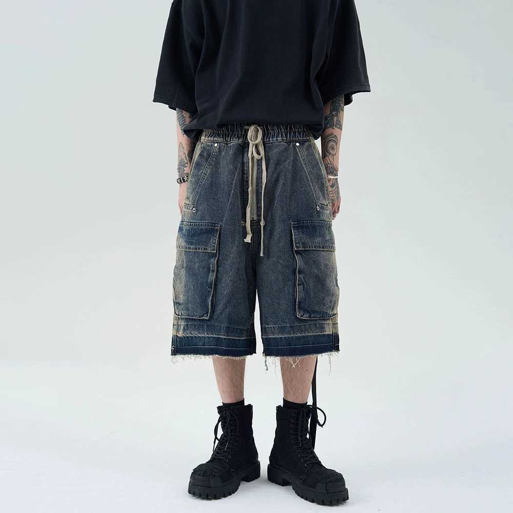 Summer 2025 new retro blue wide leg brushed denim shorts with washed loose denim mens fashion trend straight Y2k shortsXJ250313