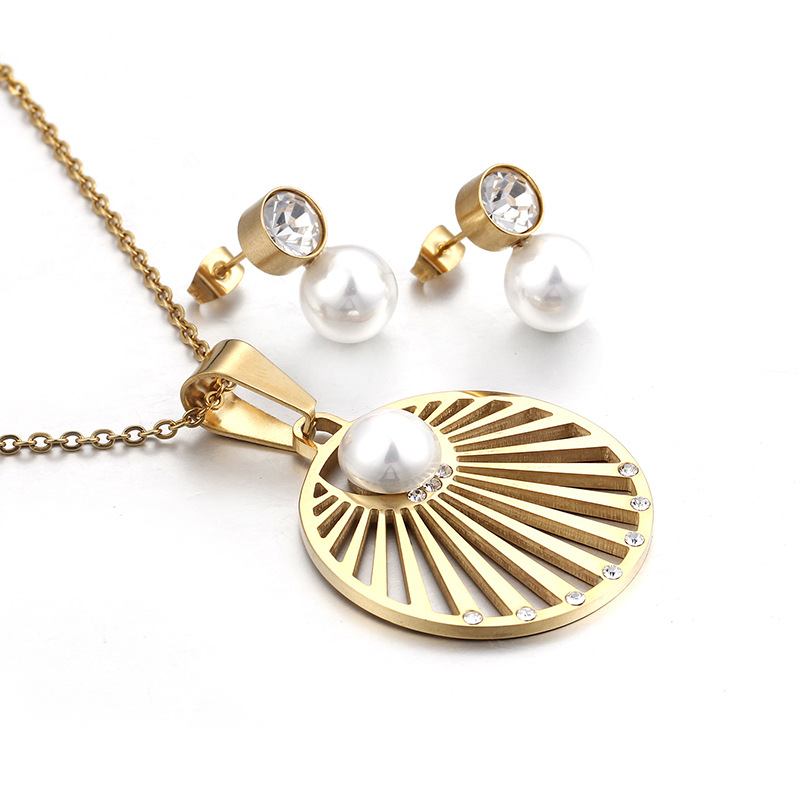 Fashion Women Silver Gold Stainless Steel Circle Round Color Zircon Bracelet Pendant Necklace Earrings Sets Jewelry-image-1048665237