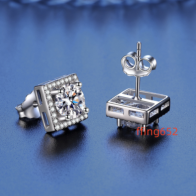 925 Sterling Silver 0.5/1 Carat Moissanite Square Earrings High-End Luxury Fashion Trend Design for Men and Womens Couples