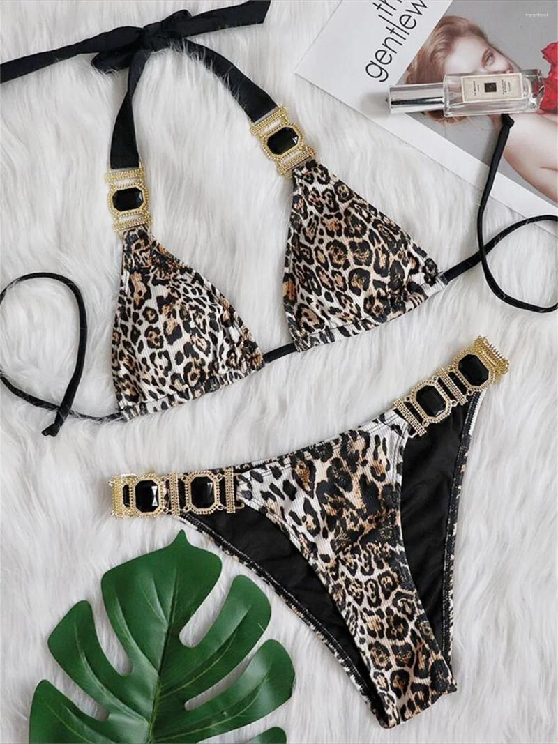 Women's Swimwear Luxury Rhinestone Bikini 2025 Women Sexy Push Up Black Leopard Print Diamond Thong Swimsuit Crystal Beach Bathing Suit
