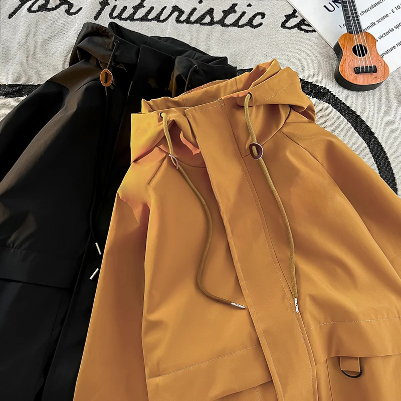 Mens outdoor jacket classic solid color hooded with loose size waterproof windproof casual mens 250312