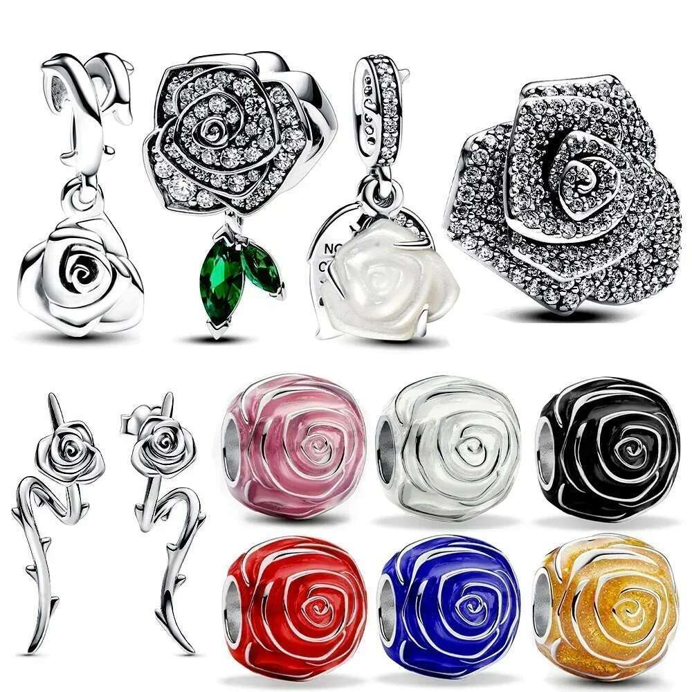 S925 Snake 925 Sterling Silver Grand Rose Bloom Collection Fit Charm Beaded Necklace Earrings Women's Jewelry Making Gift