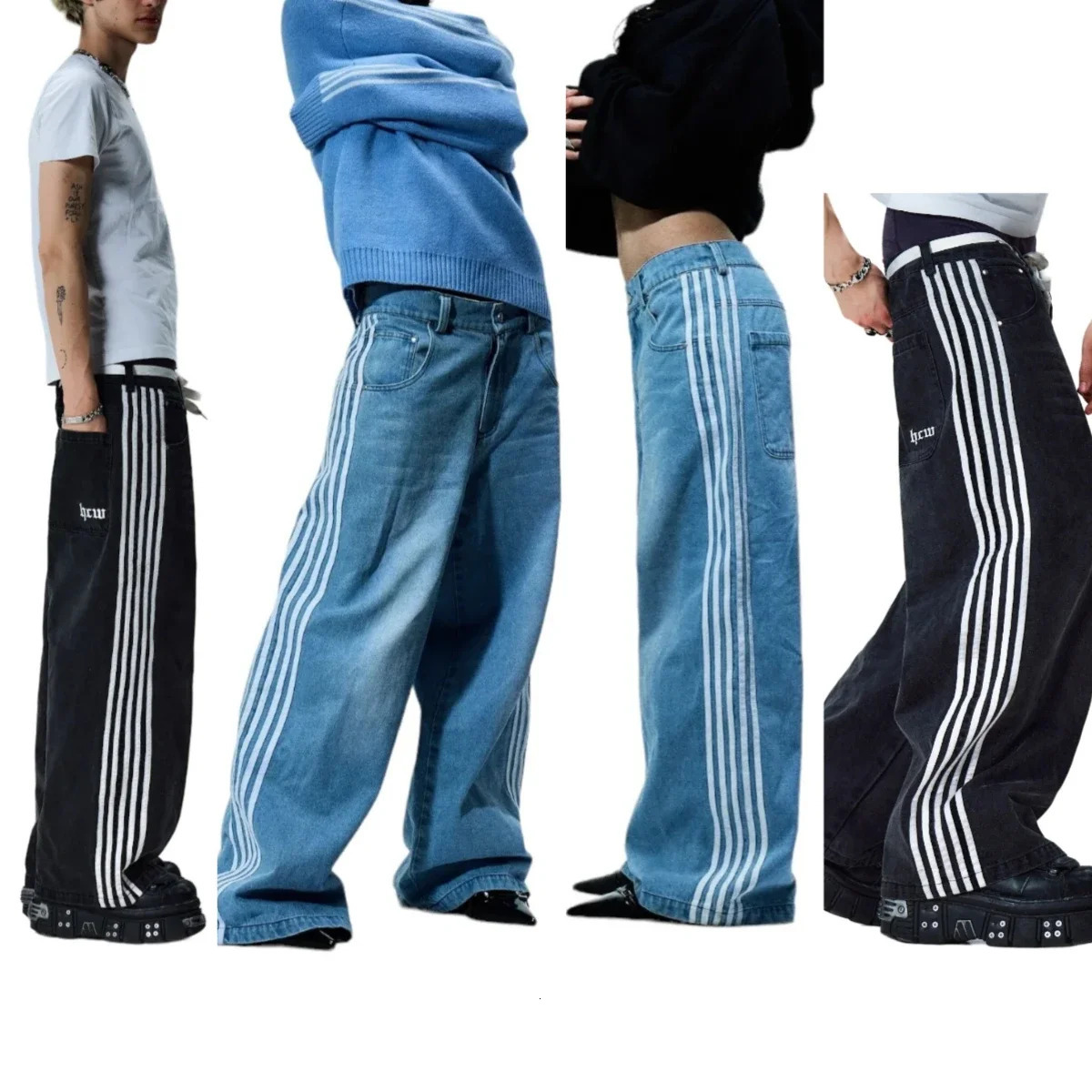 Retro Hip Hop Mens Jeans Y2k Black Striped Baggy Jeans Harajuku Gothic Embroidered Wide Leg Denim Pants High Street Streetwear 250312