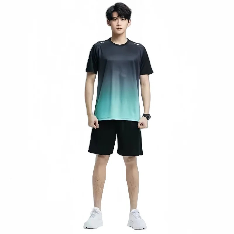 Mens Summer Ice Silk Sports Suit Gradient Color Short Sleeve Tshirt Running Fitness Shorts Thin Quick Drying Sportswear Set 250311