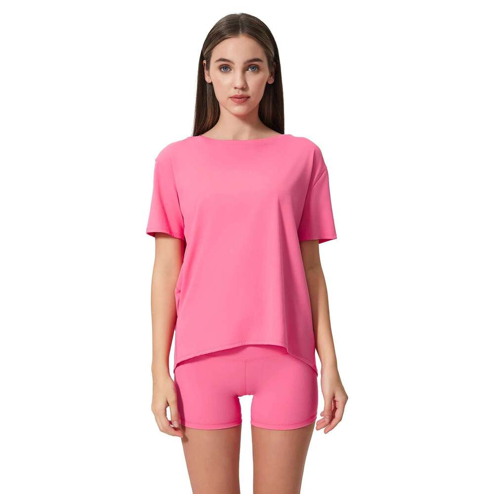 L962 Women Oversize Loose T-shirt Cool New Scrub Naked Short Sleeve Outer Wear Fashion All-match Breathable Simple Blouse Yoga shirt Top