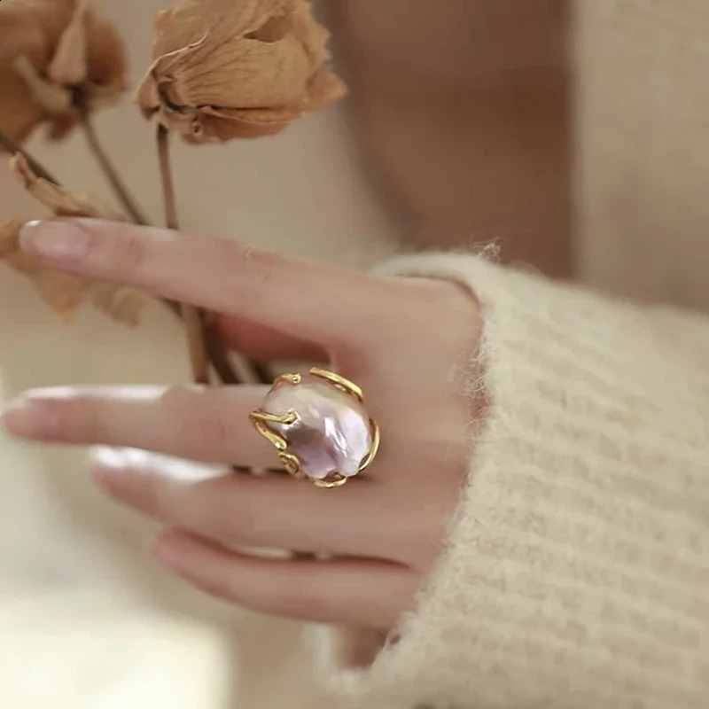100%Natural Baroque Freshwater Colored Pearl Ring s925 Sterling Silver Unique Fashionable Personality and High Sense Gift250312