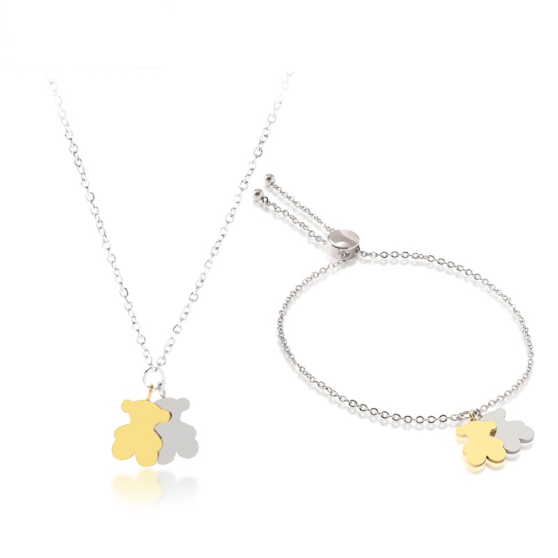 Fashion Women Men Silver Gold Stainless Steel Bear Double Layer Cartoon Animal Span Bracelet Chain Pendant Necklace Earrings Sets Jewelry-image-1049149757