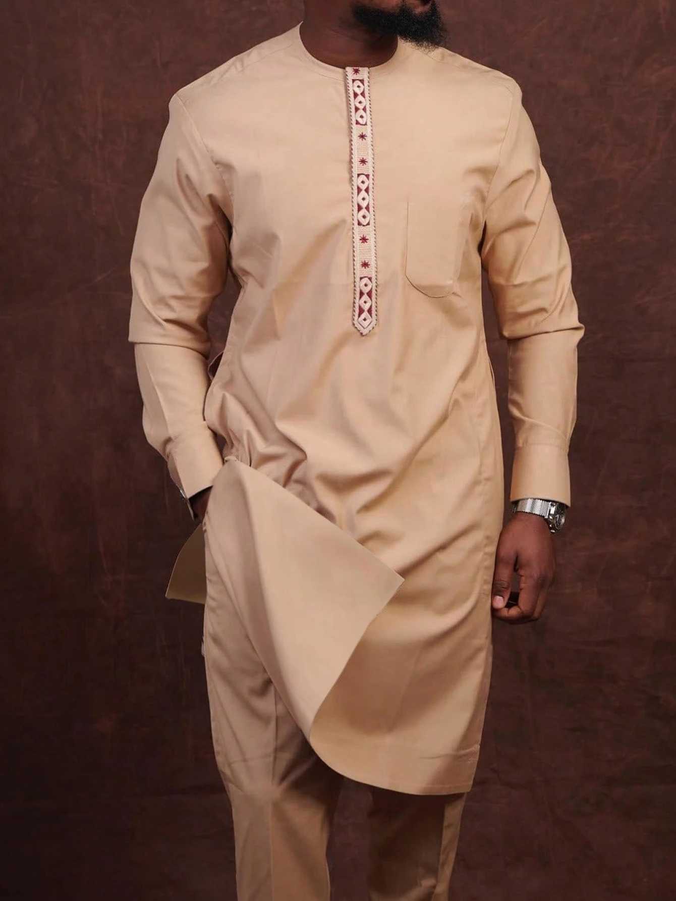 Autumn and winter new Kaftan mens suit African ethnic style long-sleeved embroidered suit mens traditional clothing 2-piece suede X250313