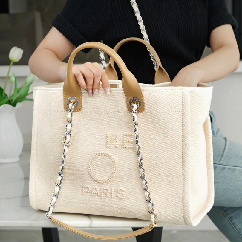 Tote Bag Designer Bags Summer Women Beach bag Fashion Bag Cotton Linen & Denim Large Capacity Shopping Bag Tote Bag Chain Strap Bag Versatile Bag-image-944650556