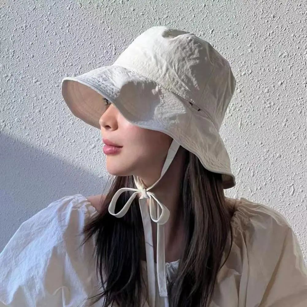 Women Fisherman Hat Windproof Fixed Strap Wide Brim Lady Bucket Solid Color Sunshade AntiUV Flat Top Foldable Summer Cap 250304z
