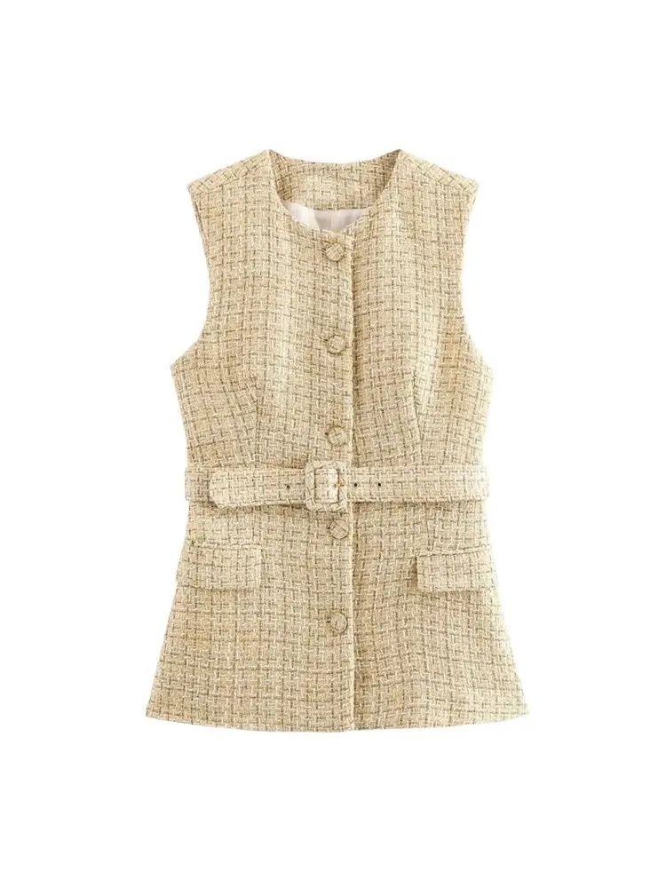 TRZA-Womens Tweed Waistcoat with Belt O Neck Sleeveless Front Button Female Outerwear Chic Tops Fashion 250312
