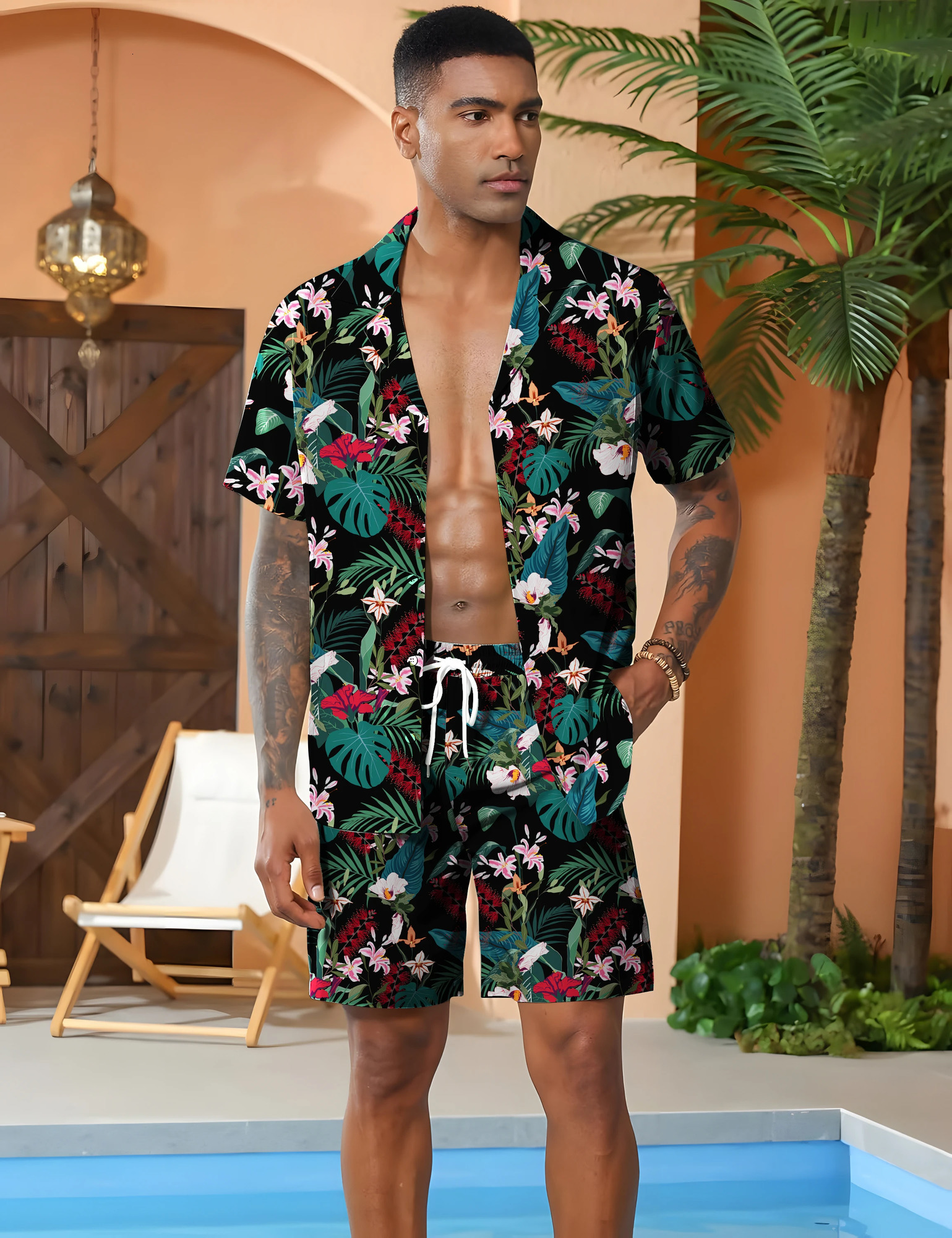 3D digital printed non fading mens casual suit summer thin style quick drying skin friendly short sleeved shorts beach set 250311