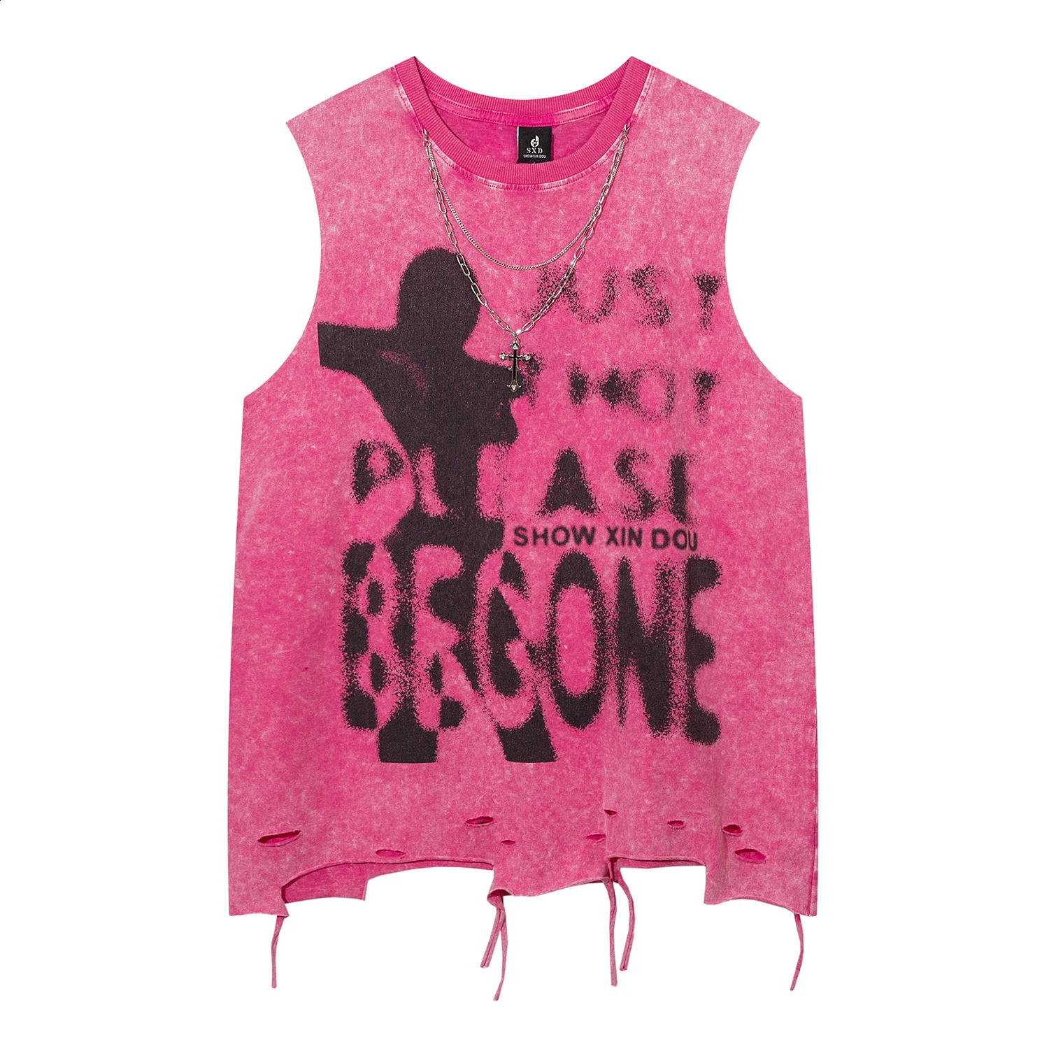 High Street American Vintage Washed Hole Ripped Vest Oversized Letter Printed Distressed Tank Top for Mens Casual Clothing Y2k 250311