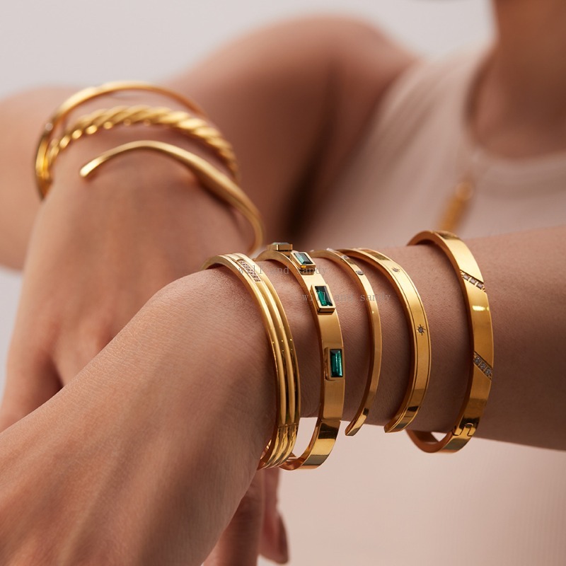 Bracelets en or 18 carats avec zircone cubique qui ne ternissent pas, bracelet manchette en acier inoxydable, gros bracelets empilables pour femm
