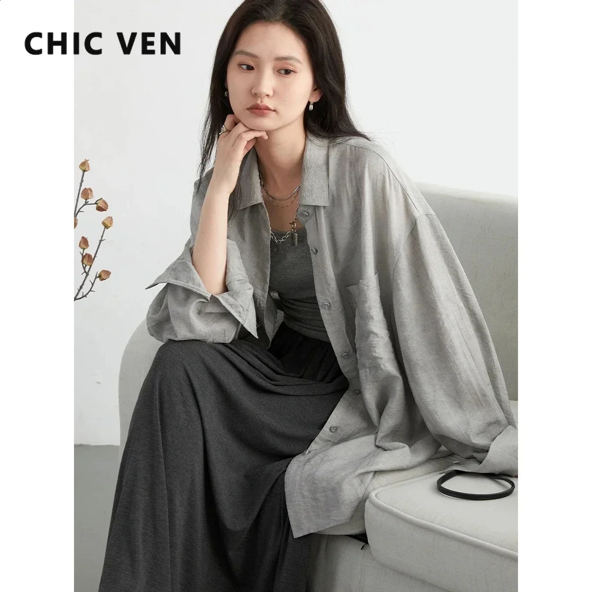 CHIC VEN Women Shirt Loose Casual Textured Tie Dye Collar with Split Long Sleeved Blouses Sun Protection Ladies Coat Summer 250310