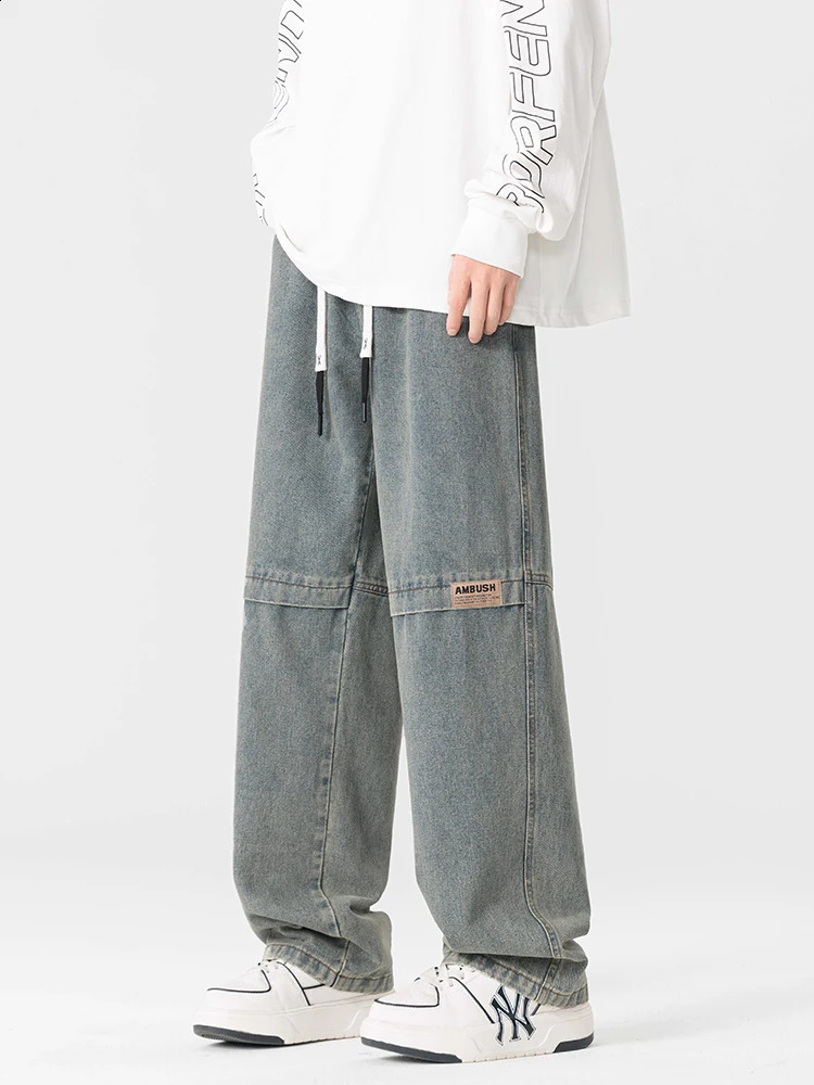 Spring Autumn Streetwear Vintage Jeans Mens Clothing Loose Straight Wide Denim Pants Casual Personalized Splicing Pants 250311