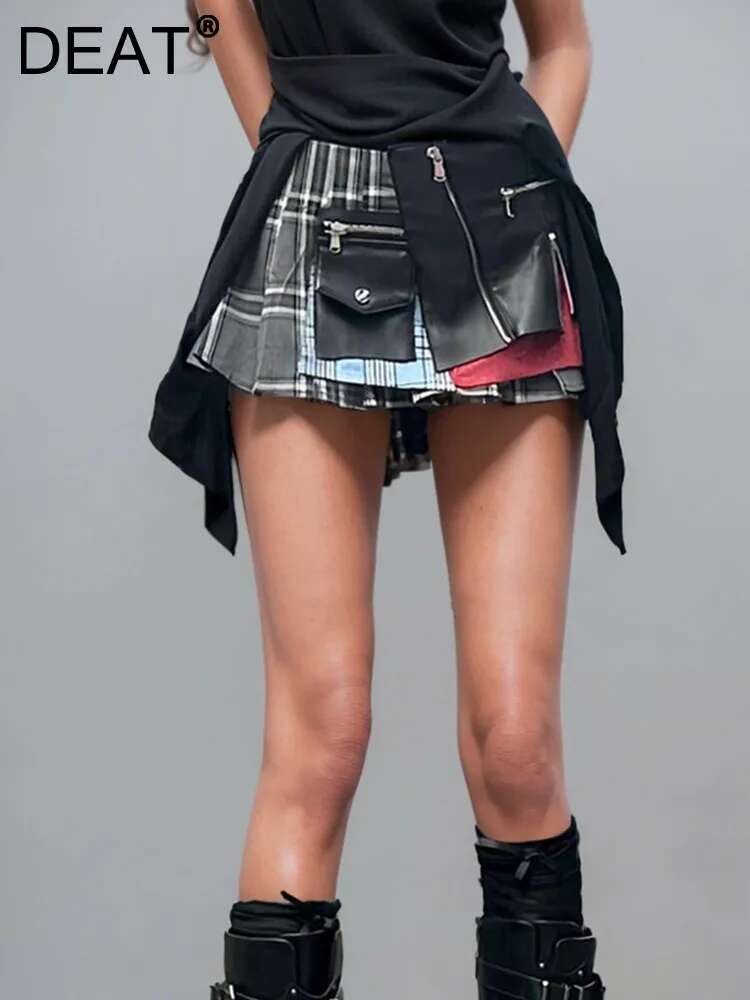 Fashion Trendy Women's Patchwork Plaid Design Pleated Mini Skirts Summer New High Waist A-E Skirt Female