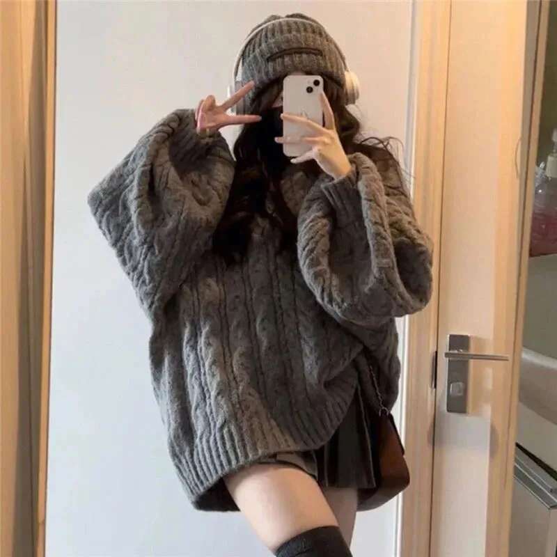 Autumn Winter Women Sweater Haruku Oversized Knitted Pullovers Korean Long Sleeve V Neck Knitwear Preppy Solid Loose Jumper