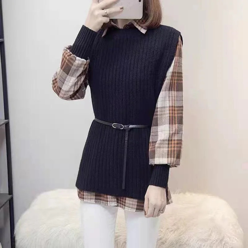 Autumn and winter womens retro plain polo shirt knitted vest twopiece set waterfall casual sleeveless sweater 250312