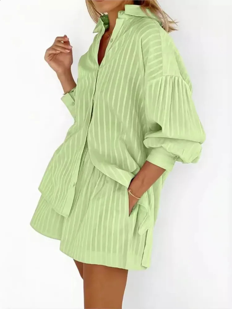Summer Fashion 2025 Womens Shirt Shorts Two Piece Sets Stripe Long Sleeve Solid Color Elegant Casual Sports Short Outfits 250311