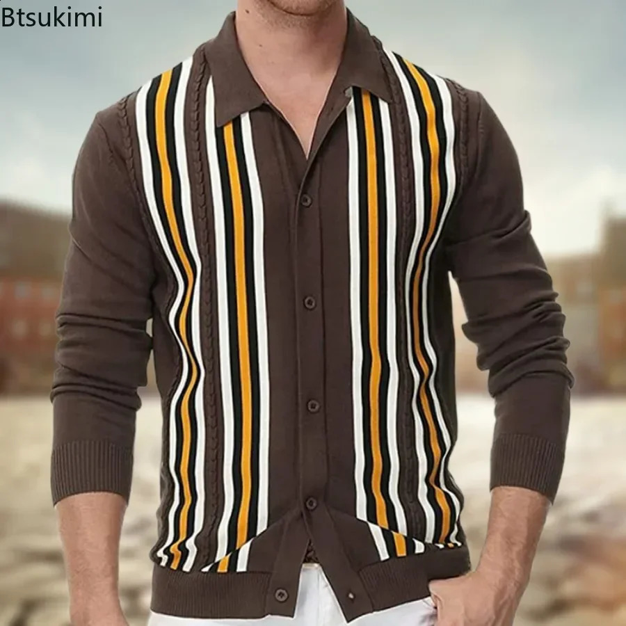 2025 Mens Spring Thin Knitwear Sweaters Men Business Casual Long Sleeve Knit Cardigan Fashion Striped Tops Polo Shirts 250311