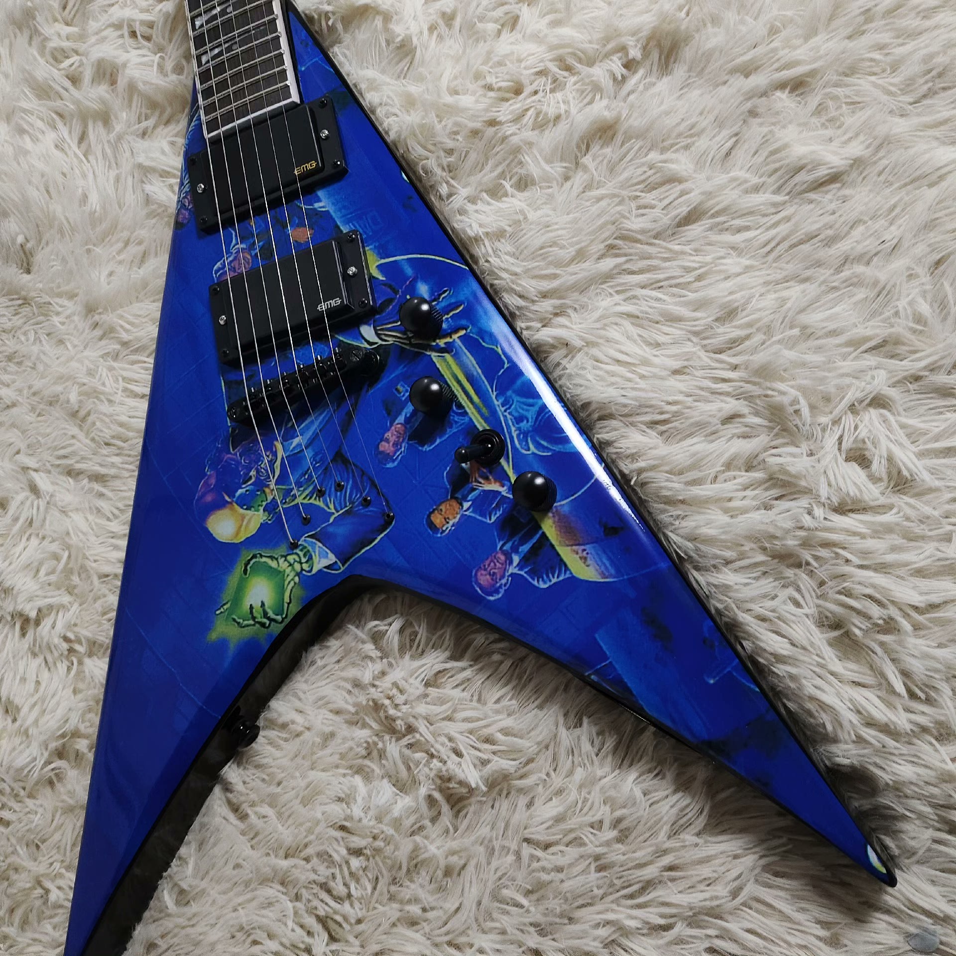 Dave Mustaine Custom Rust In Peace Blue Flying V - Handpainted with Active Pickups and Shark Fin Inlay-image-1048868280