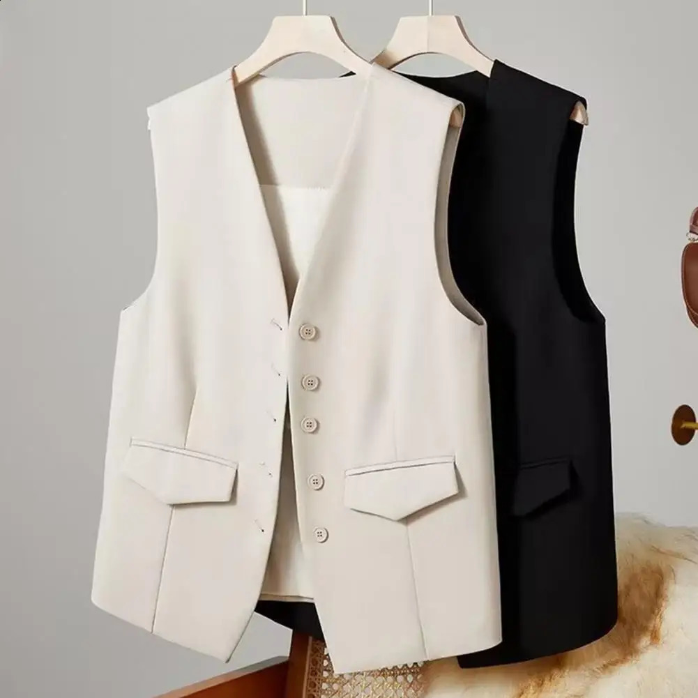 Elegant Womens Blazer Vest Female Outerwear Chic Tops Spring Vintage Solid Color Sleeveless Coat Short Suit Jacket 250305