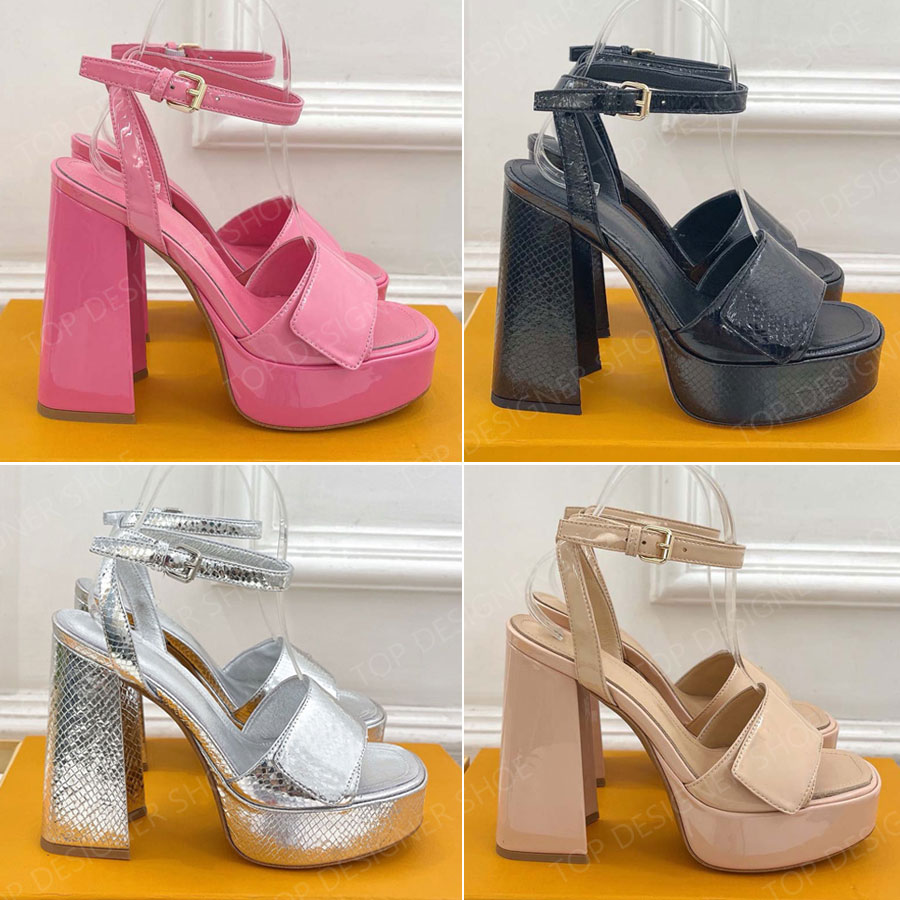 Designer shoes Fashion buckle decoration Pink Patent Leather 11cm high heeled shoes 35-41 with box luxury Designers Platform heels ankle wrap Rom-image-938823087