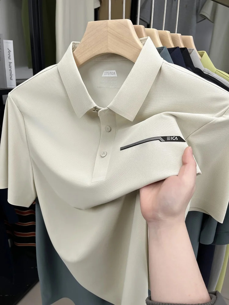 High end silk cool breathable short sleeved Tshirt mens 2025 summer trend letter embossed business casual polo shirt 250312