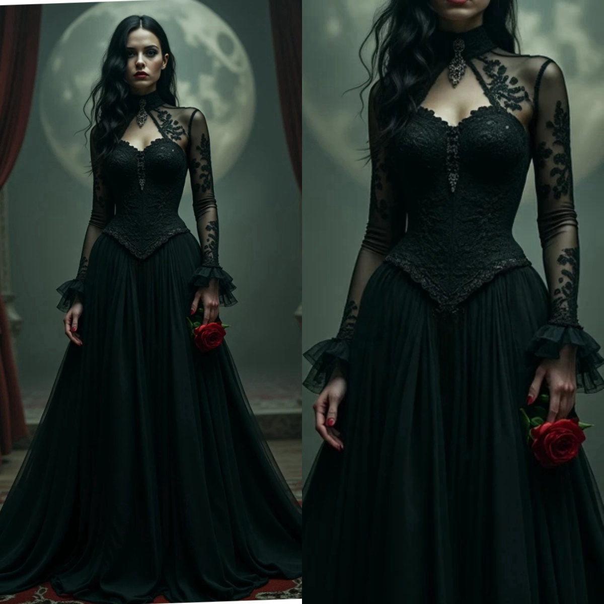 Robe de mariée gothique noire à manches longues, ligne a, trou de serrure, col haut, Vintage, avec des Appliques en dentelle, taille de princesse