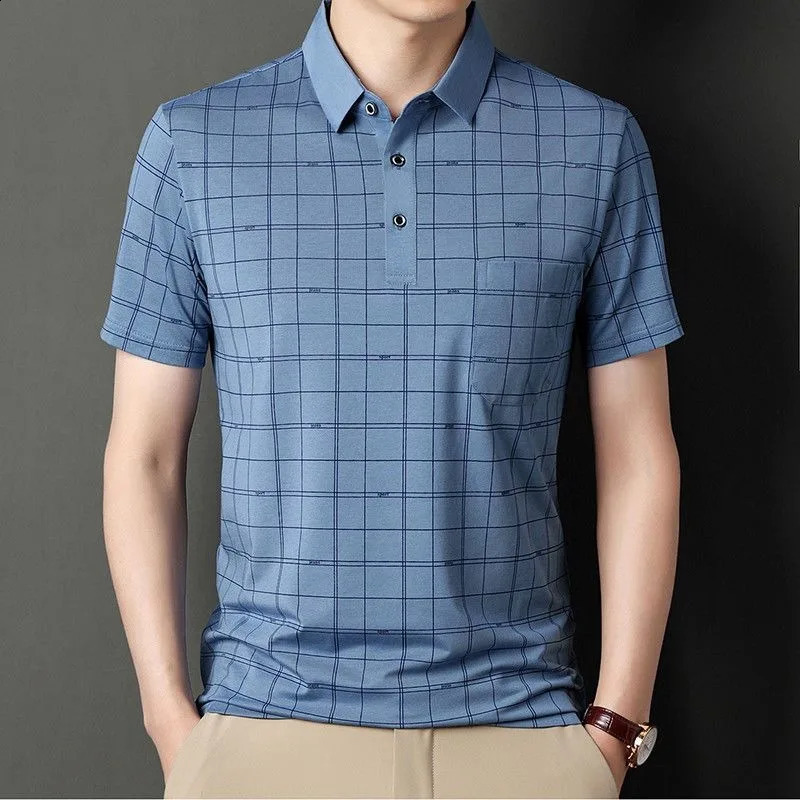 Business Casual Men Smooth Plaid Polo Shirts Streetwear Male Clothes Summer Short Sleeve Fashion Versatile Basic Tops 250312