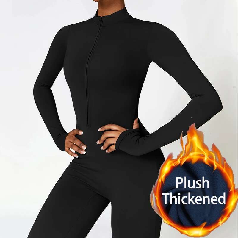 Warm Plush Sports Jumpsuits Women's Tracksuit One-Piece Fiess Suit Winter Gym Sets Long Sleeves Black Exercise Bodysuit Woman