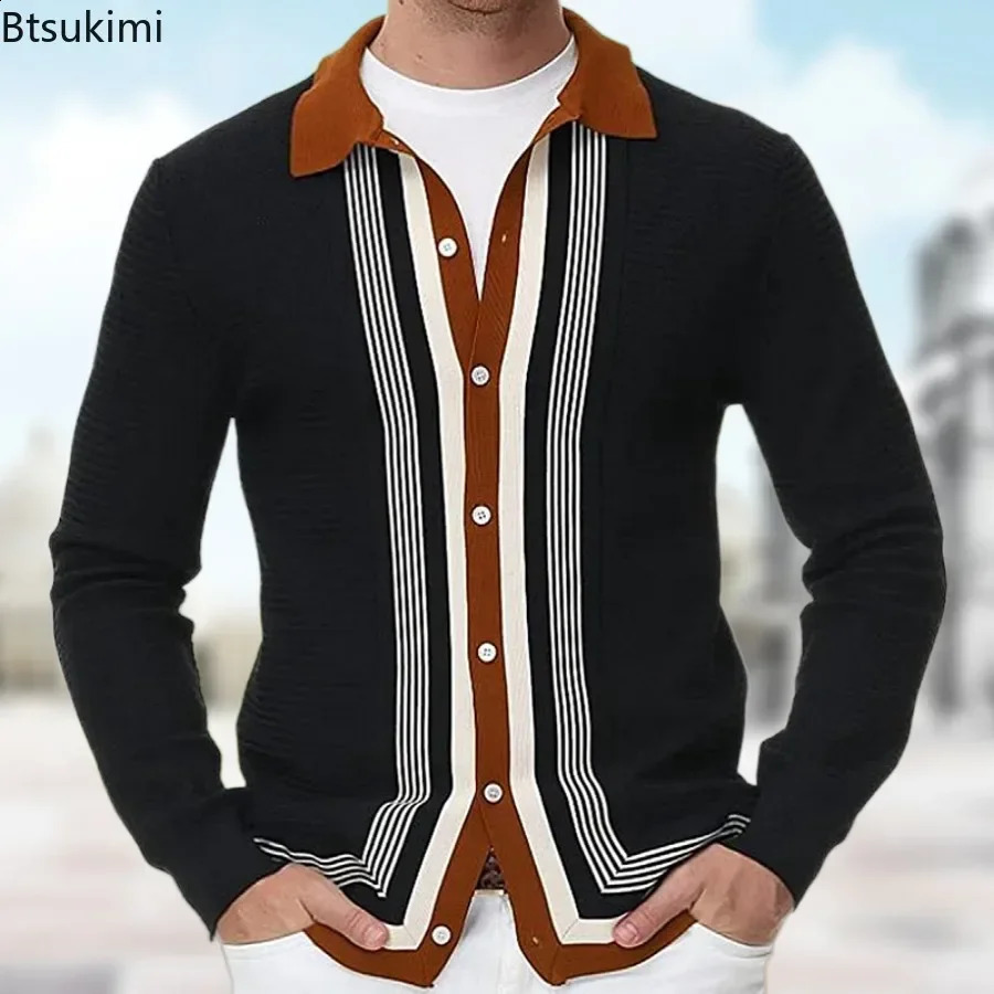 Spring Autumn Mens Clothing Fashion Men Long Sleeve Knitted Cardigan Business Casual Striped Polo Shirts Knitwear Male 250311