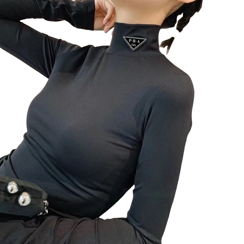 GG-P-R-A Fashion Design Womens Long Sleeve Blouses Shirts Tops Women 2025 Sexy Slim Turtleneck Knitted Blouse Black and white Stretch T-shirt Bot-image-968117399