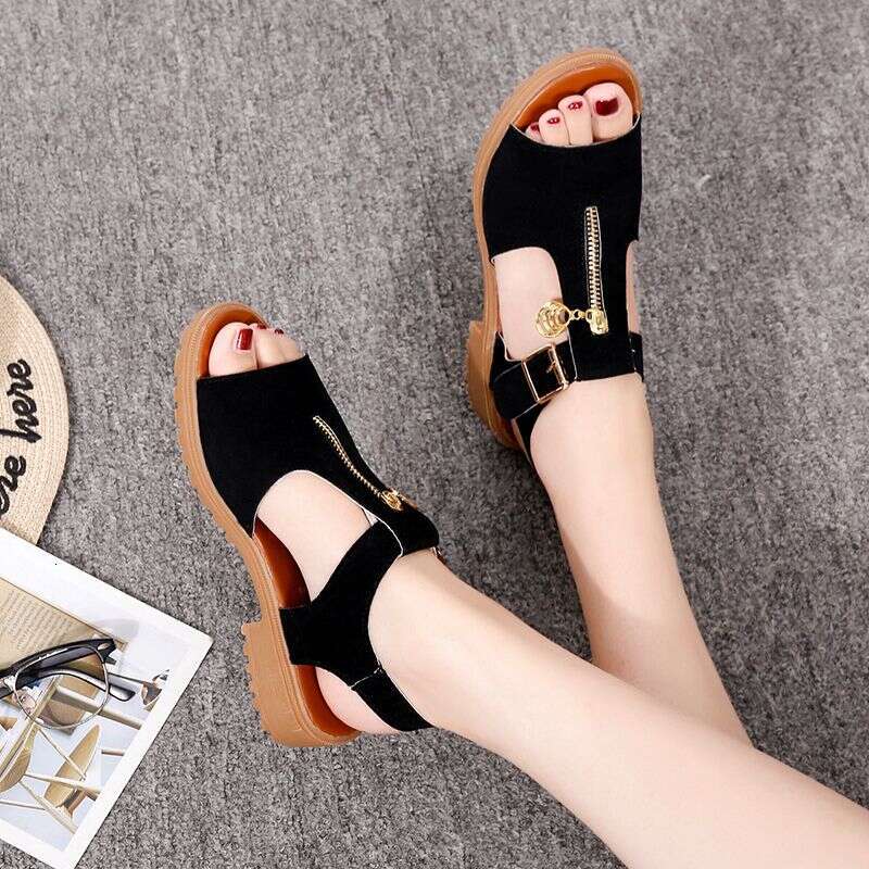 2026 Summer New Korean Edition Student Coarse Barefoot Pure Ribbon Zipper Shoes Low Heel Flat Bottom Women's Sandals