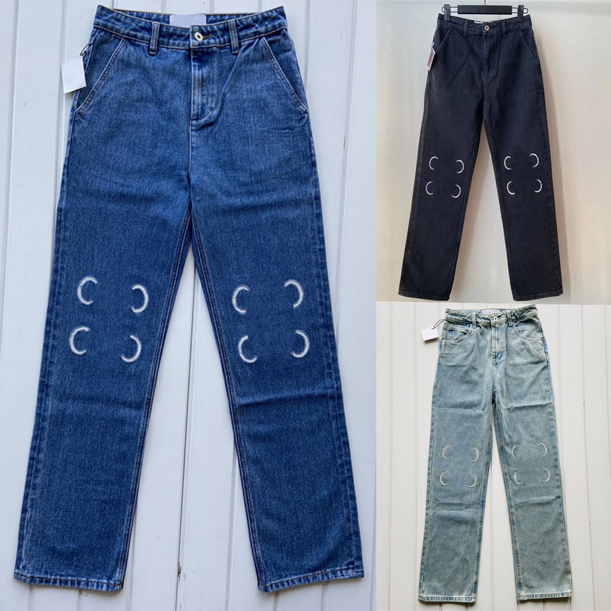 Letter Patch Women Denim Pants Fashion Blue Jeans Trousers Vintage Street Style Straight Jeans Charming Back Pu Leather Patchwork Trousers