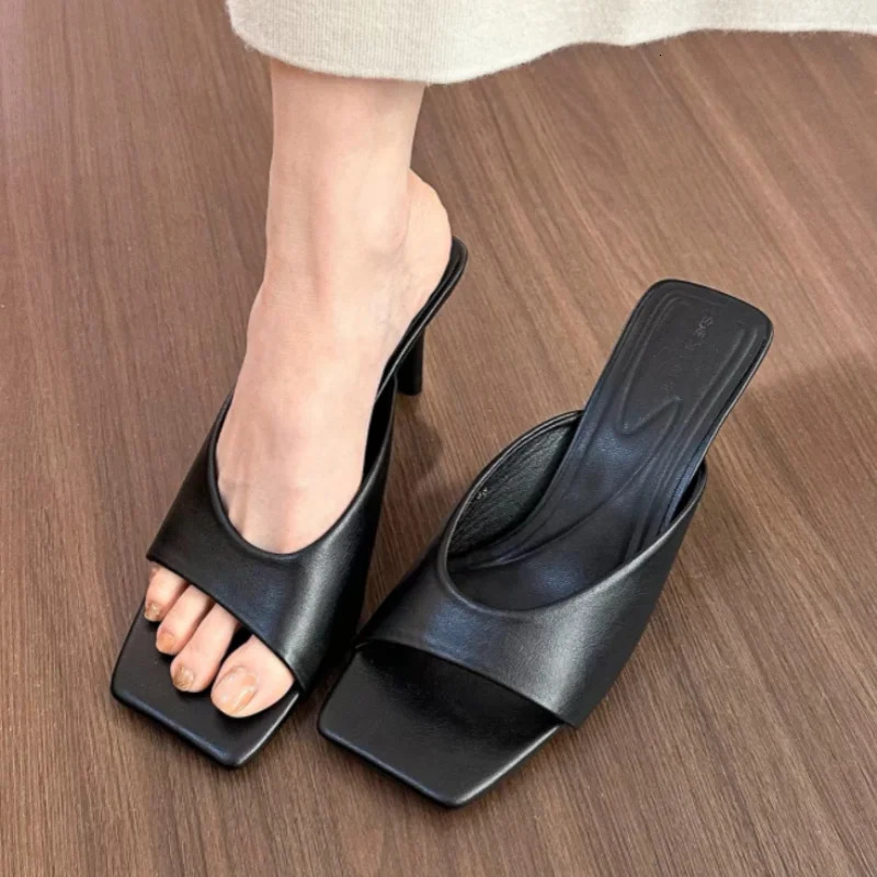 Black Faux Leather Womens Square Toe High Heel Mules, Open Back Sexy Slippers for Women