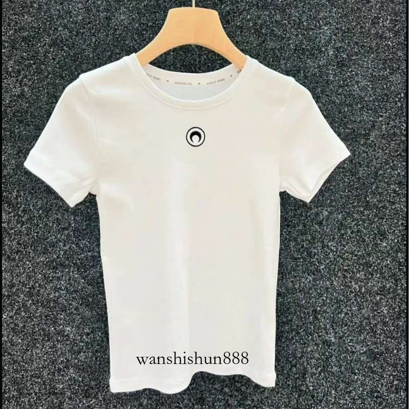 Women's T-Shirt Summer Solid Color Round Neck Inner Moon Embroidered Short-slved T-shirt Tops 2024 Women New Style
