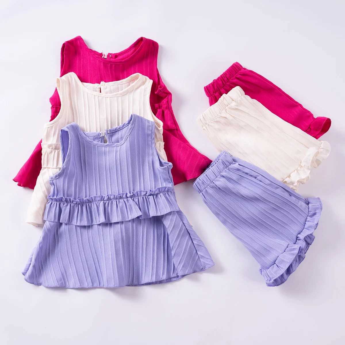 Ensemble d'été pour enfants 2024, 2 hauts sans manches et shorts à volants de couleur unie pour filles et tout-petits, cadeau de fête, à la mode