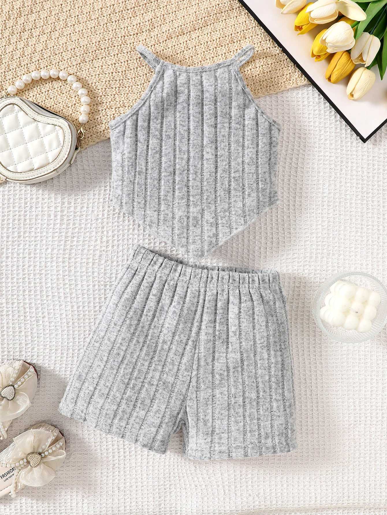 Ensemble de filles d'été en deux pièces, y compris un t-shirt et un short de camouflage sans manches.W250317