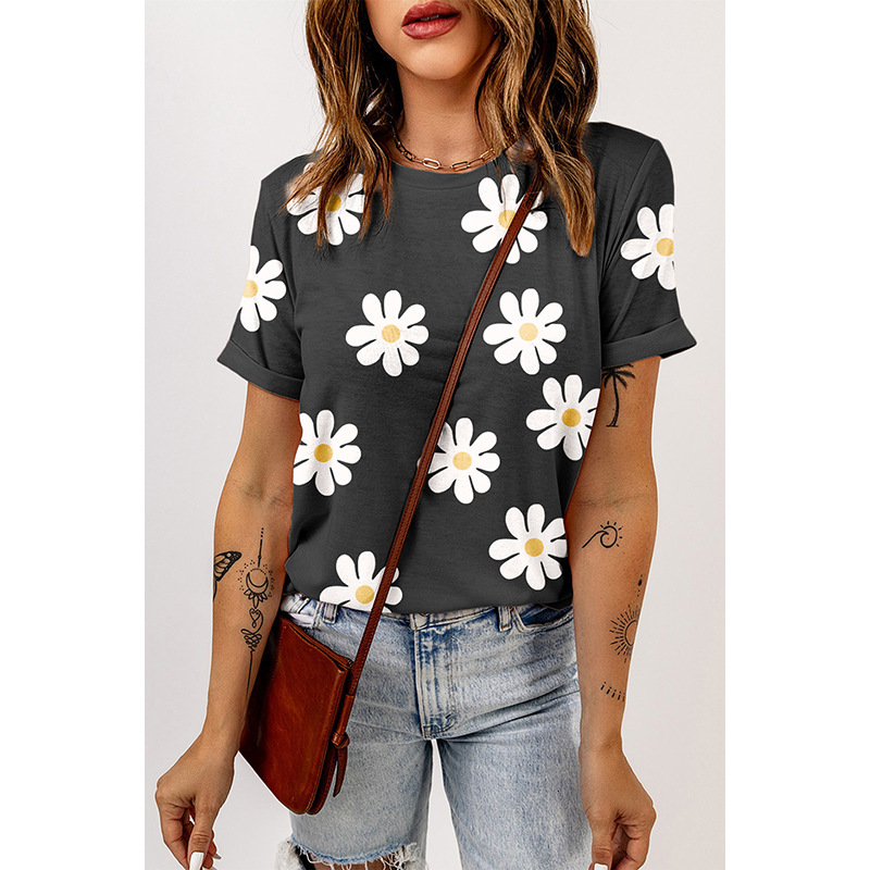 2025 Été Nouveau sweat à capuche polyvalent personnalisé Fashion femme petite ride chrysanthemum épaule imprimée t-shirt à manches courtes