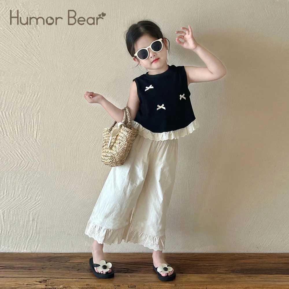 Fun Bear Summer Girl Set Cool et confortable Ourlet en dentelle Débardeur Bow Décoratif Top + Pantalon 2 pièces Mignon Ensemble de vêtements pour