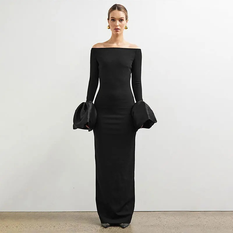 Black sexy Maxi dress spring fashionable streetwear long sleeved diagonal collar patchwork elegant womens casual slim fit 250314Z