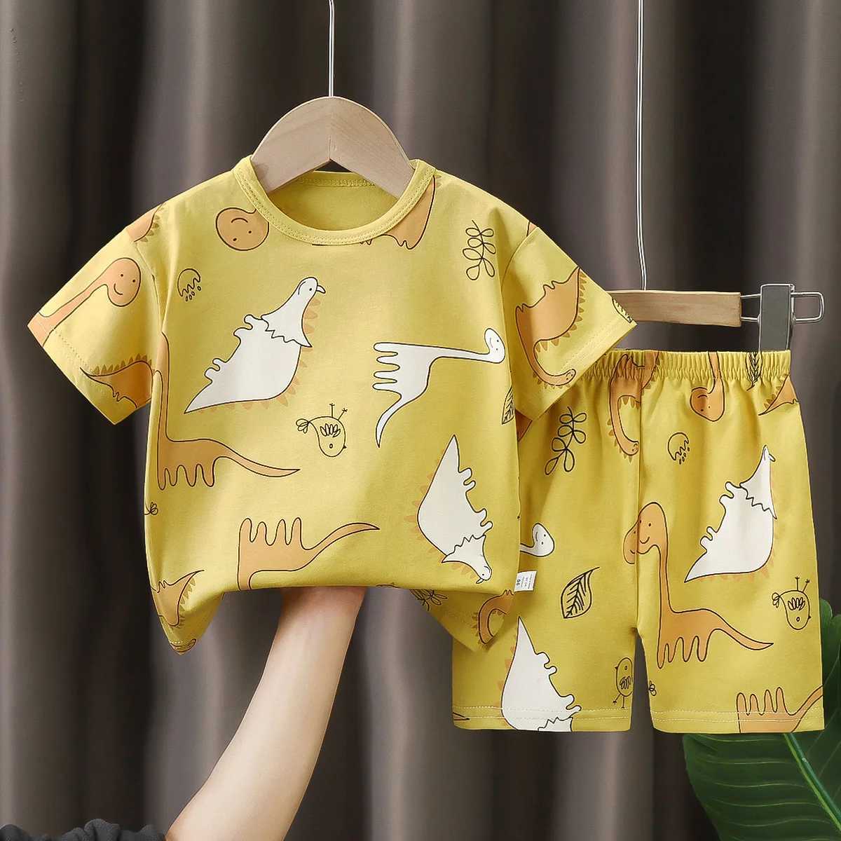 Ensemble d'été à manches courtes pour garçons, haut à manches courtes en coton dinosaure de dessin animé + ensemble 2 pièces à manches courtes po