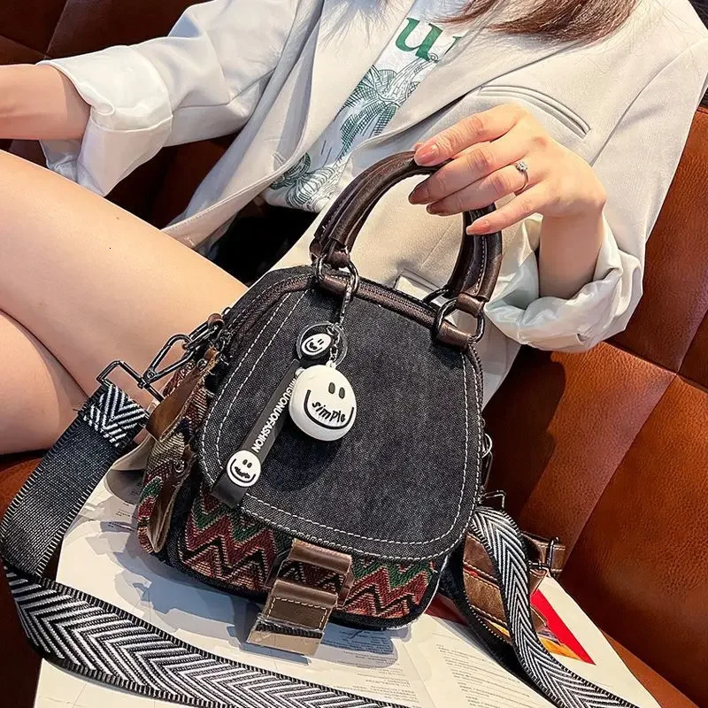 Denim small backpack contrasting color womens bag retro ethnic style embroidered multifunctional bag cross body Bolsa 250313