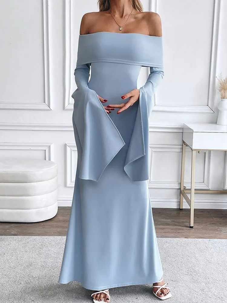 Womens Spring Style Sexy Solid Strapless and Backless Maxi Dress Street Fashion Splicing Long Sleeve Casual Ultra Thin 250314Z