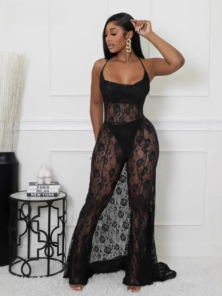 Women Sleeveless Strapless Halter Elegant Long Dress Lace See Through Holiday Beach Evening Sexy Party Dresses Vestidos 250317