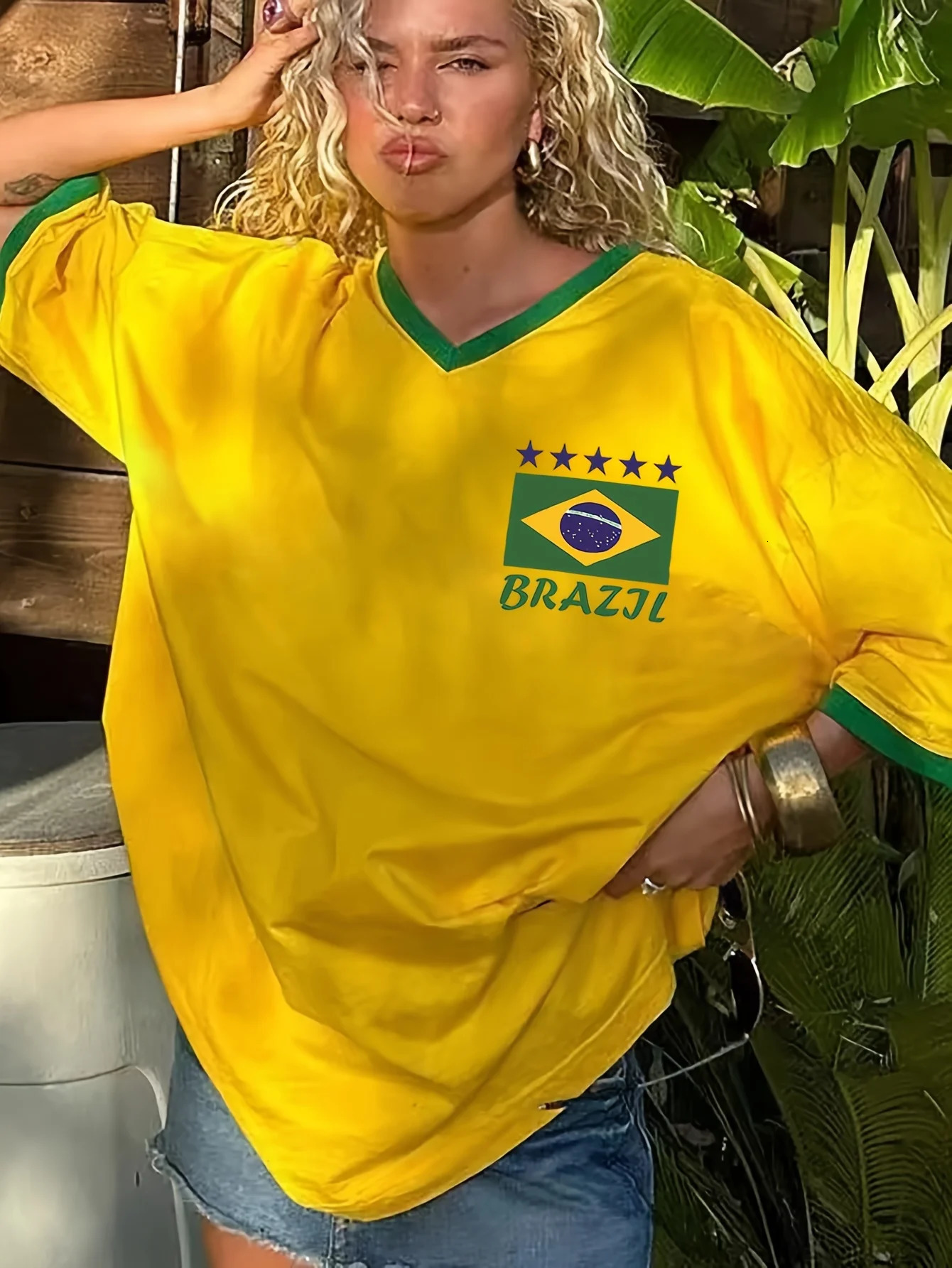 Vibrant Color Block Short Sleeve V-Neck T-Shirt Summer Brazil Flag Womens Casual Fashion Tops Harajuku Streetwear Women Clothing 250317